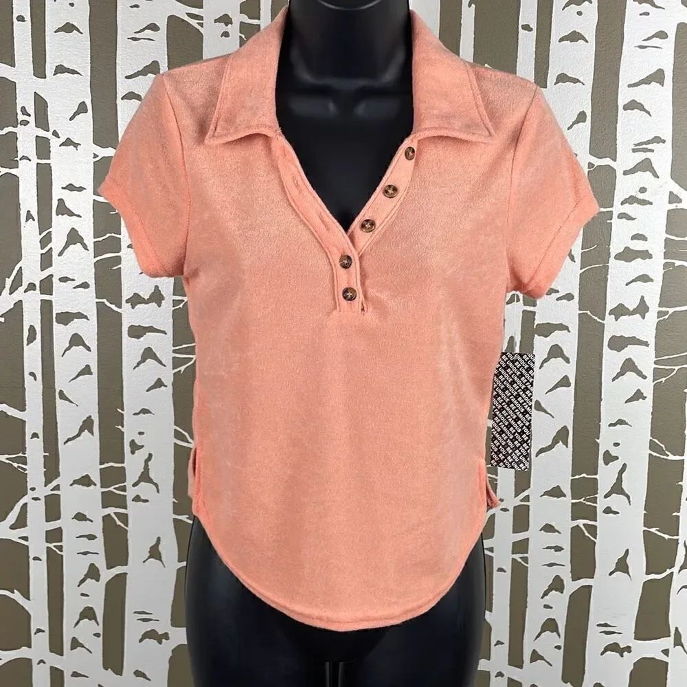 Almost Famous Peach Terrycloth Cropped Collared Shirt M NEW